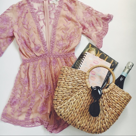 Honey Punch Pants - 🆕Honey Punch Raegan Pink Nude Floral Lace Romper